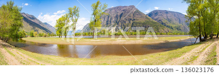 Chulyshman river flowing near Kyrsai bay at southern end of Teletskoye lake in Altai Russia Mountain watercourse in remote natural valley 136023176
