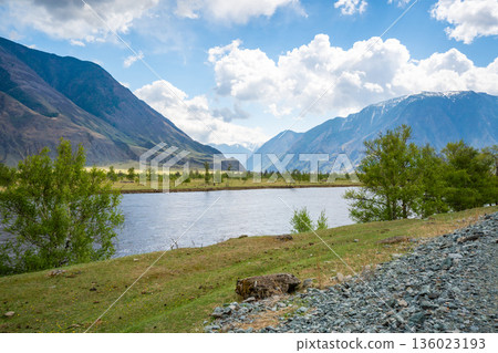 Chulyshman river flowing near Kyrsai bay at southern end of Teletskoye lake in Altai Russia Mountain watercourse in remote natural valley Chulyshman river flowing near Kyrsai bay at southern end of Teletskoye lake in Altai Russia Mountain watercourse in remote natural valley 136023193