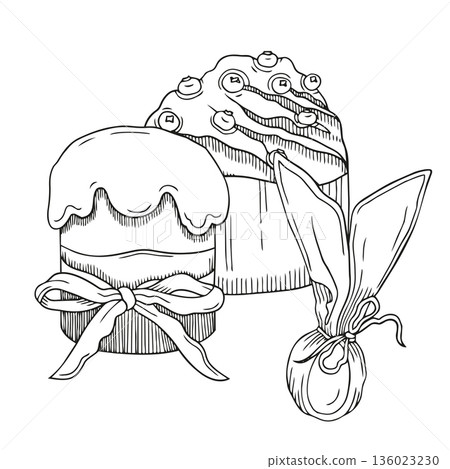 Hand-drawn illustration of Easter cakes with a bow and berries and dyed Easter egg in graphic detailed sketch style 136023230