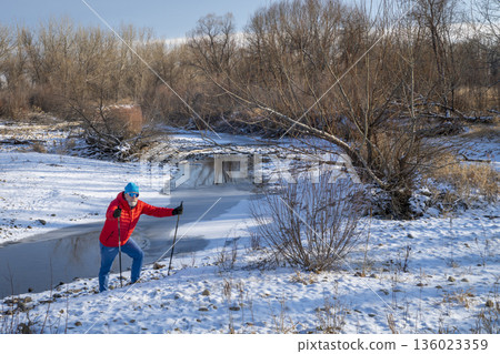 senior man is Nordic walking on through a riparian forest along the Poudre River in Colorado, cold winter scenery senior man is Nordic walking on through a riparian forest along the Poudre River in Colorado, cold winter scenery 136023359