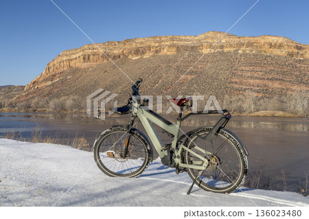 touring electric bike in cold winter scenery of Colorado foothills 136023480