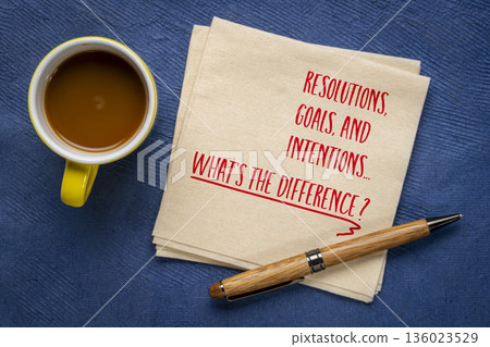 Resolution, goals and intentions. WHat the difference? Goal setting concept. Note on a napkin with coffee. 136023529