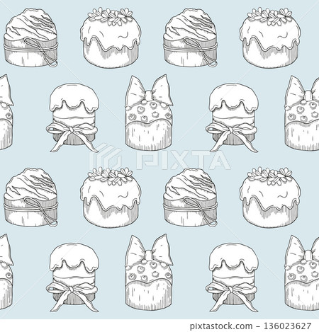 Hand-drawn seamless pattern made of Easter cakes with different decor in graphic detailed sketch style on light blue background Hand-drawn seamless pattern made of Easter cakes with different decor in graphic detailed sketch style on light blue background 136023627