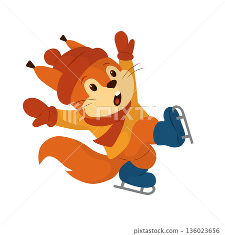 Surprised squirrel skating on ice is drawn as a clean flat vector illustration. Ideal for kids education, seasonal sports design, holiday graphics, posters, cards, learning materials 136023656