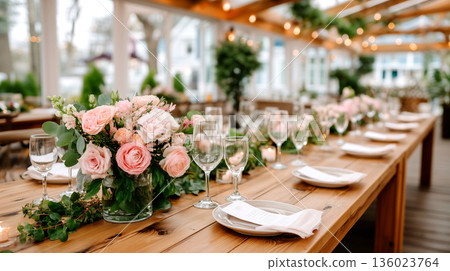 Elegant Long Table Wedding Reception with Soft Pink Floral Centerpiece and Twinkling Lights 136023764