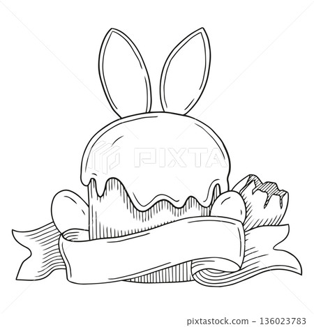 Hand-drawn illustration of Easter cake and eggs with bunny ears and ribbon banner in graphic detailed sketch style 136023783