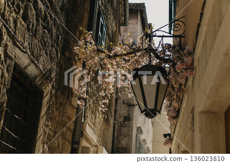 Beautiful lantern with decor on the street of the old town of Split, Croatia. Beautiful lantern with decor on the street of the old town of Split, Croatia. 136023810
