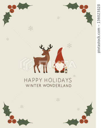 Christmas greeting card with festive gnome and reindeer 136023828
