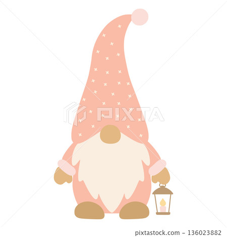Cute pink christmas gnome holding glowing lantern Cute pink christmas gnome holding glowing lantern 136023882