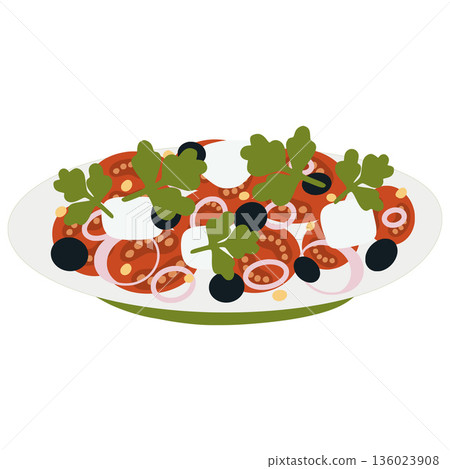 Italian tomato salad with mozzarella, olives, and onion rings 136023908
