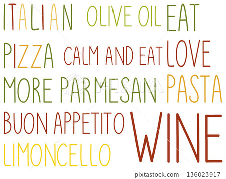 Italian food and lifestyle words with traditional colors 136023917