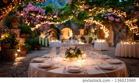 Enchanted Garden Wedding Reception: Romantic Evening Ambiance with Twinkling Lights and Elegant Table Settings 136023980