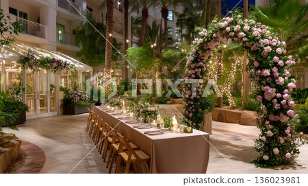 Magical Garden Wedding Ceremony with Floral Arch and Fairy Lights 136023981
