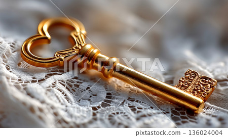 Gilded ornate key with intricate details resting on delicate lace fabric Gilded ornate key with intricate details resting on delicate lace fabric 136024004