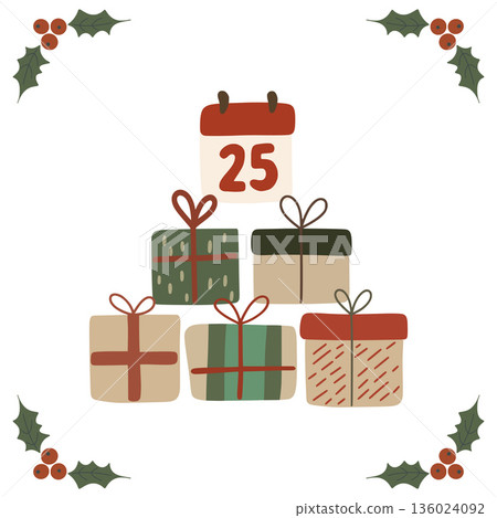 Christmas calendar with presents and holly illustrations 136024092