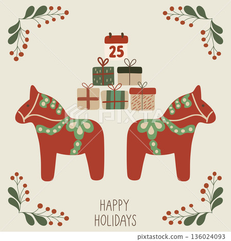 Dala horses celebrating christmas receiving holiday gifts 136024093