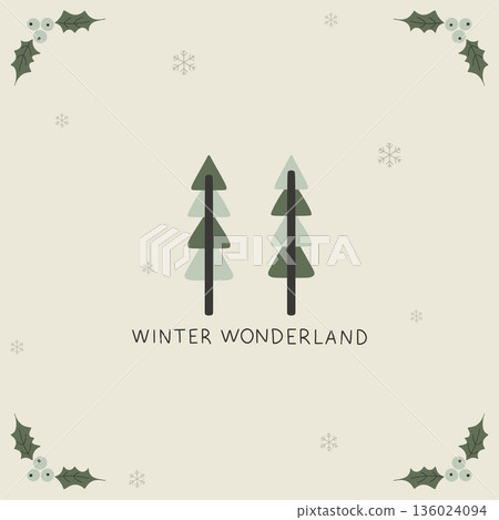 Winter wonderland illustration with trees, snowflakes, and holly Winter wonderland illustration with trees, snowflakes, and holly 136024094