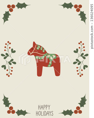 Dala horse christmas greeting card with holly frame 136024095