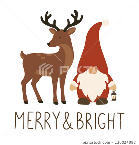Reindeer and nordic gnome holding a lantern with merry and bright text Reindeer and nordic gnome holding a lantern with merry and bright text 136024098