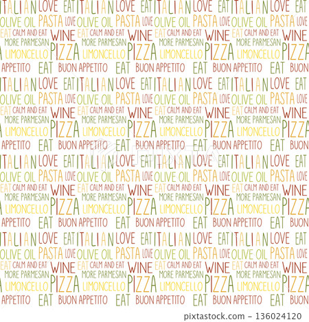 Italian food and culture seamless lettering pattern 136024120