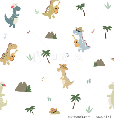Dinosaurs playing ukulele in tropical prehistoric landscape seamless pattern Dinosaurs playing ukulele in tropical prehistoric landscape seamless pattern 136024131
