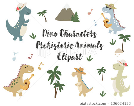 Cute dinosaurs playing music and dancing in a tropical landscape Cute dinosaurs playing music and dancing in a tropical landscape 136024133