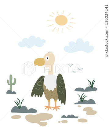 Vulture standing in the desert looking up at the sun 136024141