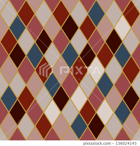 Seamless geometric pattern forming colorful diamond shapes with golden lines Seamless geometric pattern forming colorful diamond shapes with golden lines 136024143