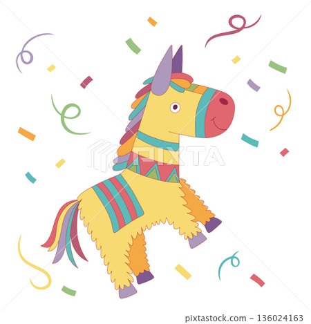 Colorful pinata horse celebrating fiesta with falling confetti 136024163