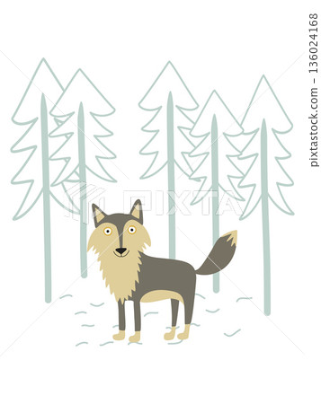 Cute wolf standing in snowy forest with pine trees Cute wolf standing in snowy forest with pine trees 136024168