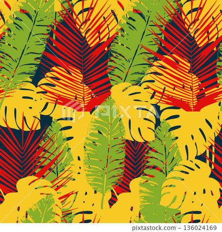 Tropical seamless pattern showing different types of palm and monstera leaves Tropical seamless pattern showing different types of palm and monstera leaves 136024169