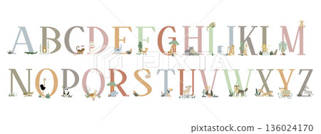 Colorful illustrated alphabet with wild animals for children education Colorful illustrated alphabet with wild animals for children education 136024170