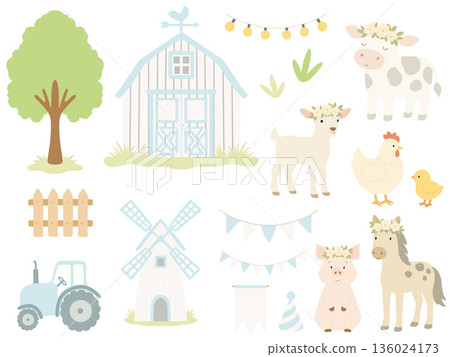 Farm animals and countryside elements celebrating a birthday party Farm animals and countryside elements celebrating a birthday party 136024173