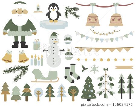 Christmas vector set in scandinavian style featuring santa claus, penguin, and festive elements 136024175