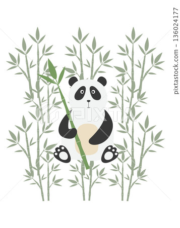 Cute panda bear cub holding bamboo in bamboo forest Cute panda bear cub holding bamboo in bamboo forest 136024177