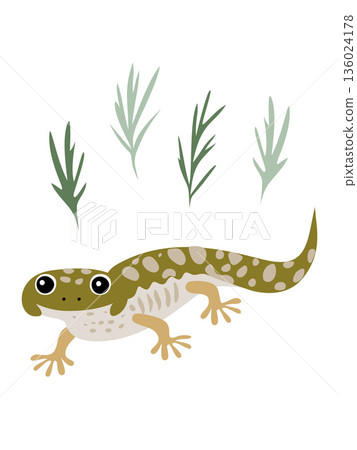 Cute green lizard crawling with plants in background 136024178