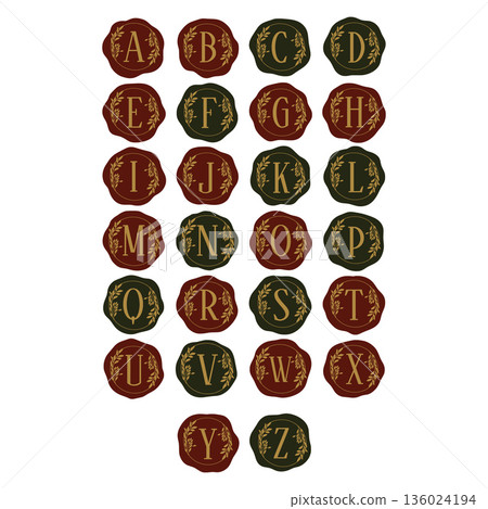 Elegant wax seal alphabet embellished with laurel wreath, in cozy dark academia style Elegant wax seal alphabet embellished with laurel wreath, in cozy dark academia style 136024194