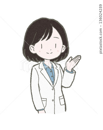 Hand-drawn illustration of a female medical professional in a white coat giving instructions 136024289