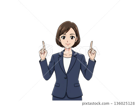 Businesswoman pointing up with both hands 136025128