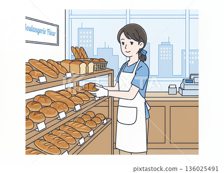 A female store clerk arranging bread 136025491