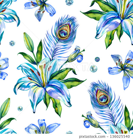Vibrant watercolor seamless pattern featuring majestic peacock feathers and blue lilies. This elegant botanical design is perfect for luxury textiles, tropical decor, and sophisticated wrap Vibrant watercolor seamless pattern featuring majestic peacock feathers and blue lilies. This elegant botanical design is perfect for luxury textiles, tropical decor, and sophisticated wrap 136025540