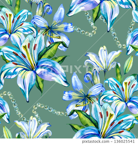 Sophisticated watercolor seamless pattern featuring vibrant blue lilies and delicate pearl chains. An elegant botanical design ideal for luxury textiles, wedding decor, and chic wrap. Sophisticated watercolor seamless pattern featuring vibrant blue lilies and delicate pearl chains. An elegant botanical design ideal for luxury textiles, wedding decor, and chic wrap. 136025541