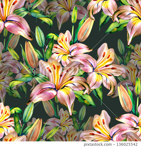 Elegant watercolor seamless pattern of blooming pink lilies with fresh green leaves. A delicate botanical design perfect for romantic textiles, spring decor, and floral wedding stationery. 136025542