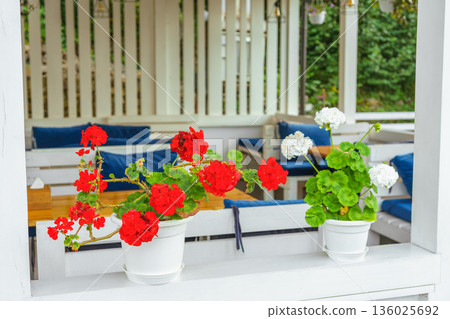 Outdoor cafe terrace with colorful decorative flowers in pots, cozy summer restaurant seating area Outdoor cafe terrace with colorful decorative flowers in pots, cozy summer restaurant seating area 136025692