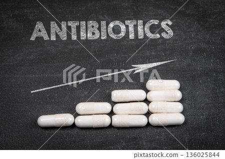 Antibiotics Treatment Progress Concept With Capsules On Chalkboard Background 136025844