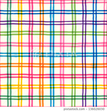 Colorful thin double lines vector seamless pattern, grid background for summer designs and backgrounds 136026030