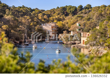 Sailing boats in the harbor bay Calo d'en Boira in the picturesque fishing village of Cala Figuera, Majorca, Mallorca, Balearic Islands, Spain, Europe 136026332