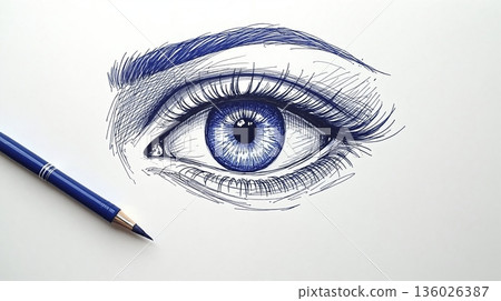 Detailed blue sketch of a single expressive human eye drawing - ai generated 136026387