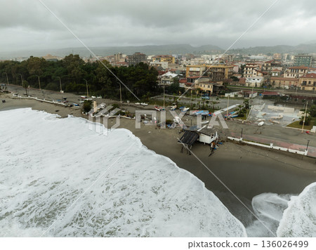 Aerial view of big waves on the beach 136026499