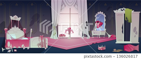 Abandoned and damaged princess room, vector cartoon medieval castle room interior with broken bed, wardrobe, mirror Abandoned and damaged princess room, vector cartoon medieval castle room interior with broken bed, wardrobe, mirror 136026817